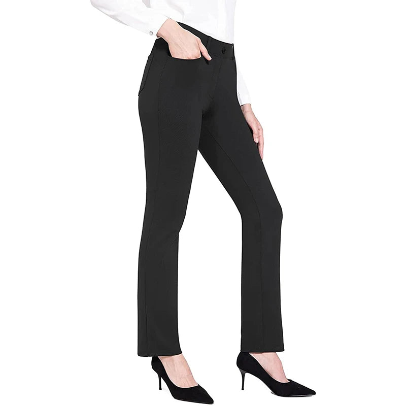 High Waist Slim Leg Pants Solid Color Elastic Flared Trousers with Pockets  Casual