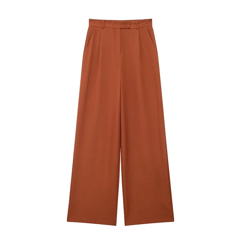 Women's Fashion Solid Front Zipper Straight Pants Vintage High Waist Full Length Female Chic Lady Trousers