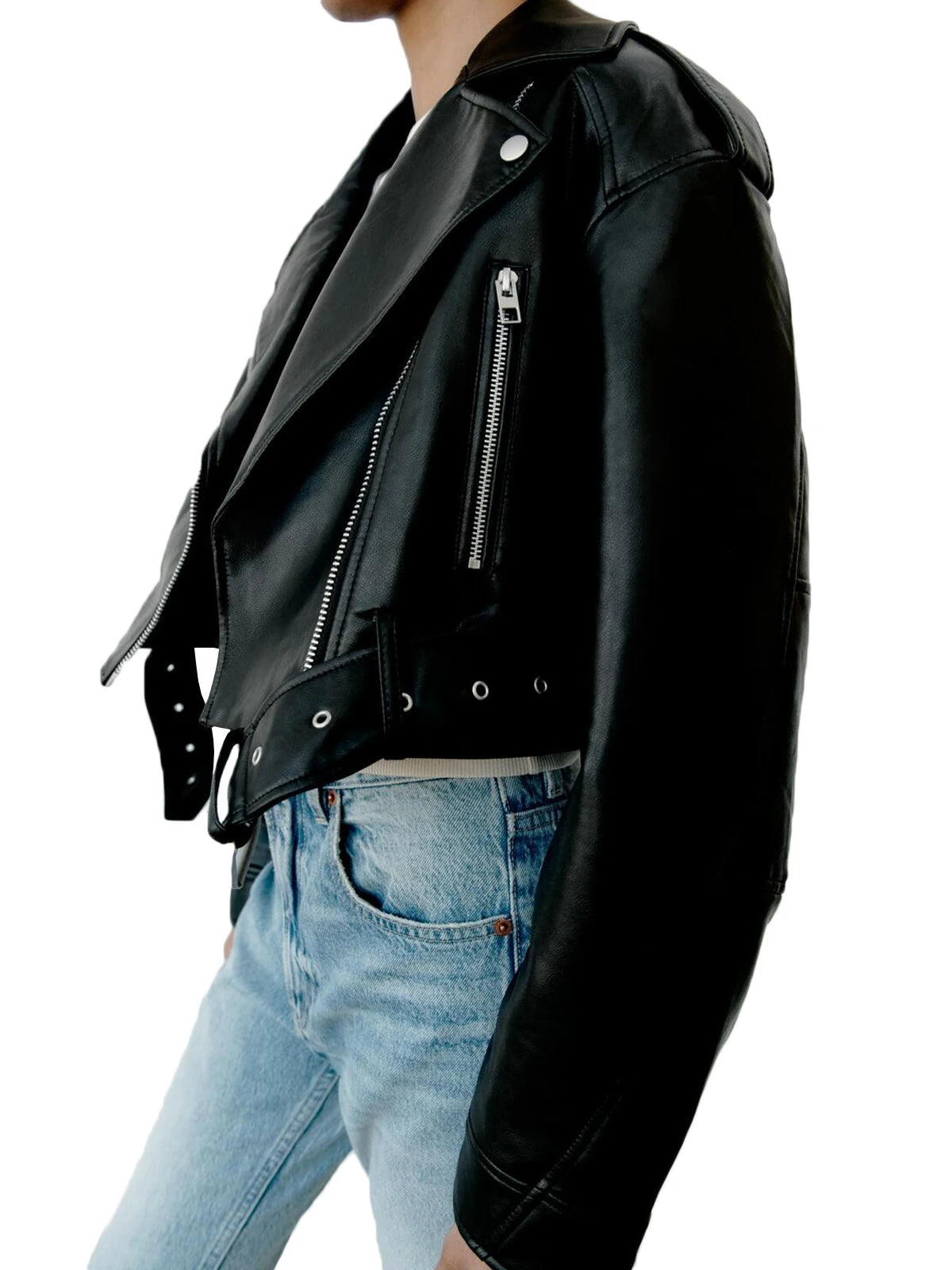 Faux PU Leather Jacket Casual Lady Lapel Zipper Short Leather Jacket High Street Motorcycle Coat