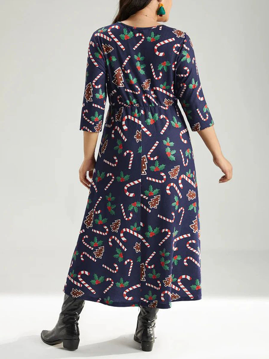 Women Plus Size Dress Candy Cane Print O-Neck  3/4 Sleeve Maxi Dress Winter Elegant Christmas Party Dress for Curvy Ladies