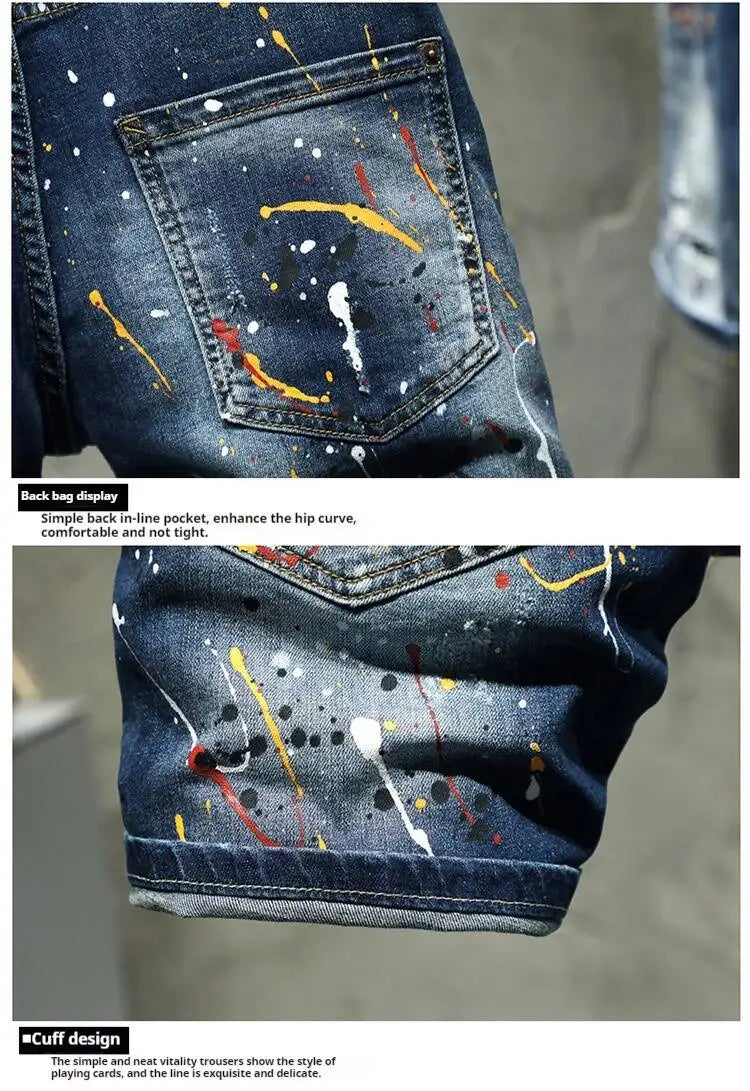 European and American Painting and Tattoo Patch Slim Fit Elastic  Jeans Fashion  High Street Beggar Pants