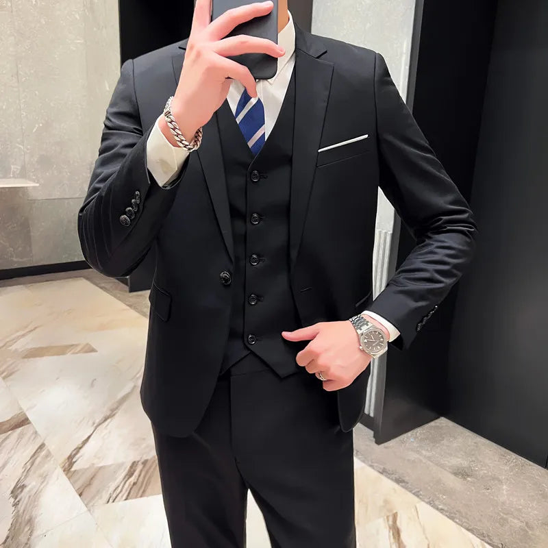 Men's High-Quality 3-Piece Business Casual Wedding Suit Vest Trousers Set Handsome Fashion Banquet Clothing