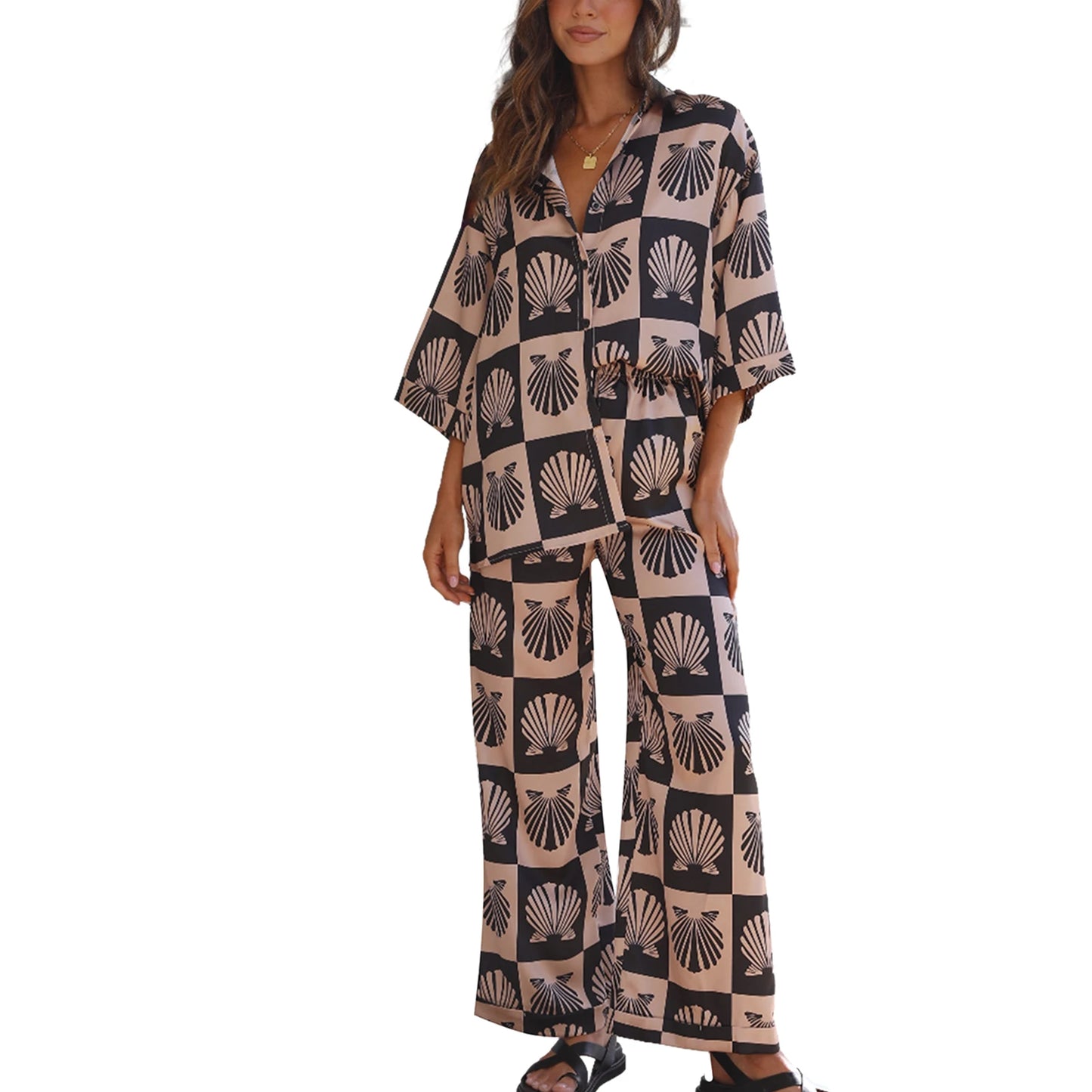 Women’s 2 Piece Pajamas Set Cute Seashell Print 3 /4 Sleeve Button Up Shirt Pants Set Loungewear