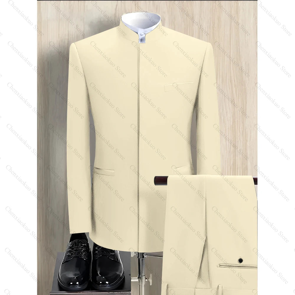 Fashion Solid Men Suits 2 Piece Stand Collar Long Sleeves Formal Outfits Chic Business Casual Wedding Tuxedo (Blazer+Pants)