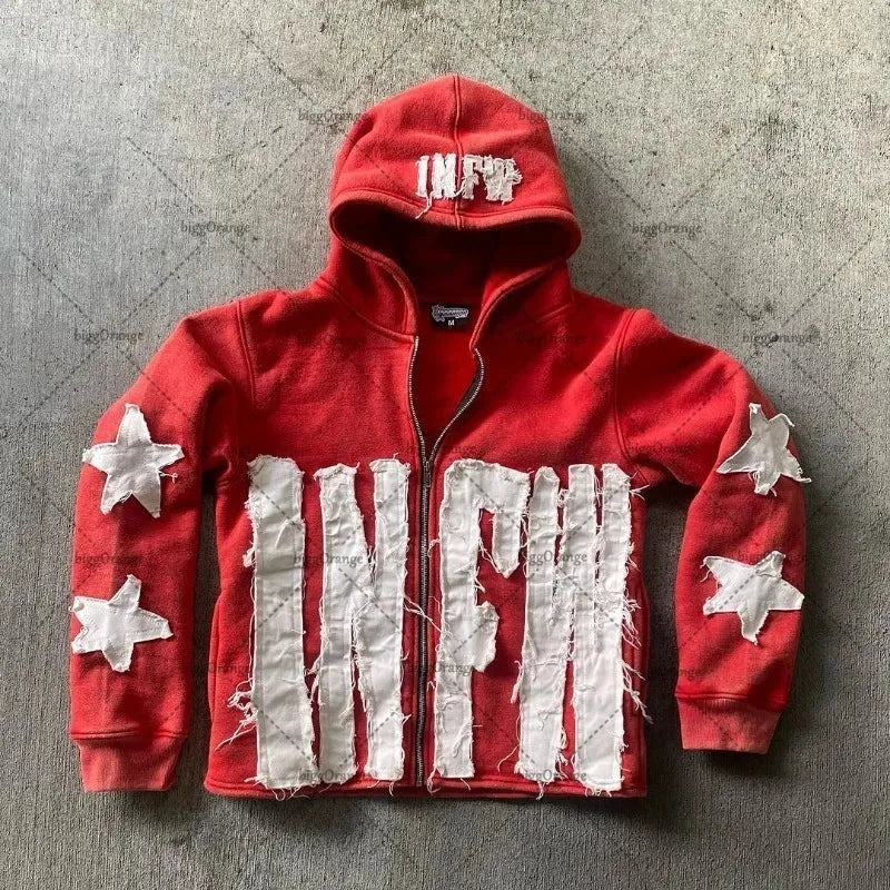 Star Letter Embroidered Zipper Sweatshirt Women  Loose Oversized Hoodie Versatile Casual Retro Jacket