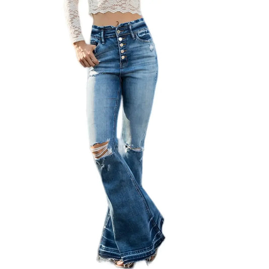 Medium Blue Bell Bottom Denim Pants Casual Summer Streetwear Comfortable Minimalist Design with Pockets