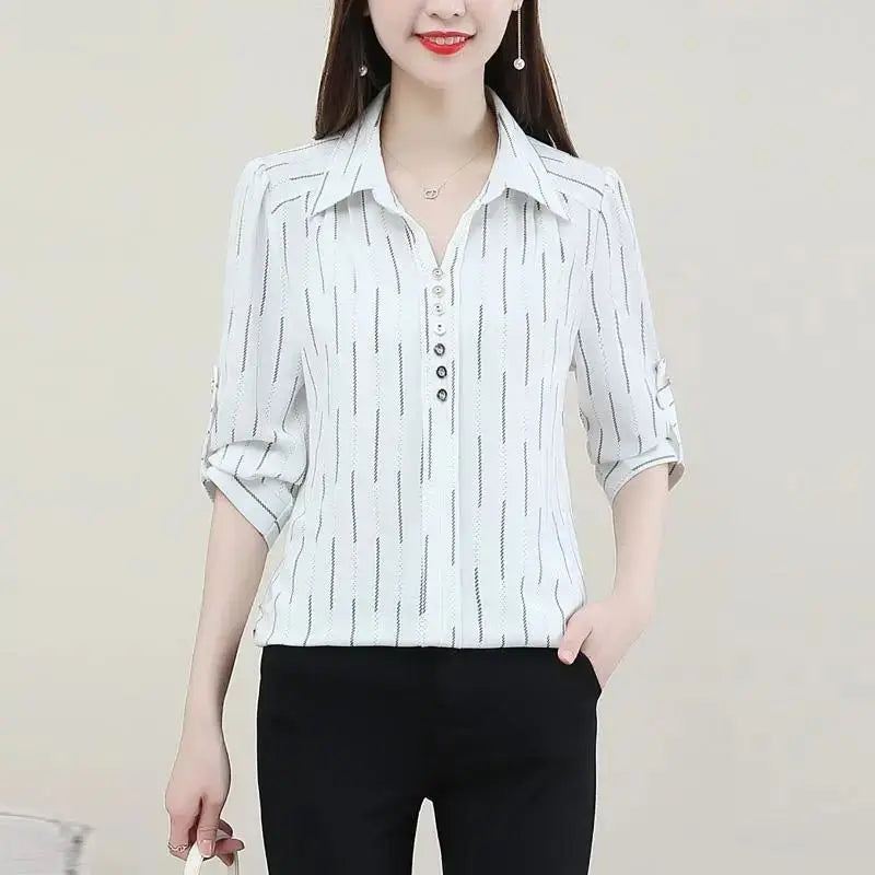 Spring Summer  3/4 Sleeve Loose Polo Neck Striped Button Shirt Vintage