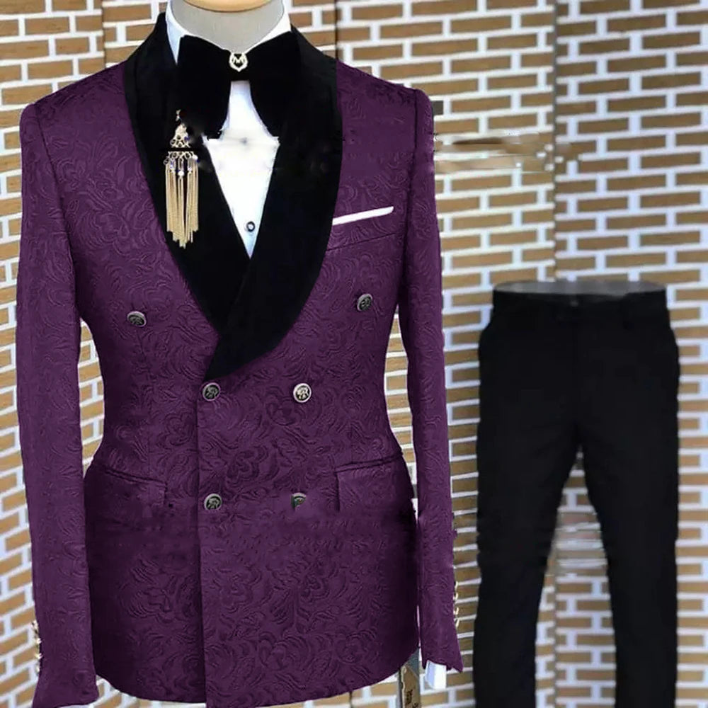 Gray Formal Suit for Men Floral Jacket Pants 2 Piece Set Tuxedo Elegant Men's Suit Handsome Blazer