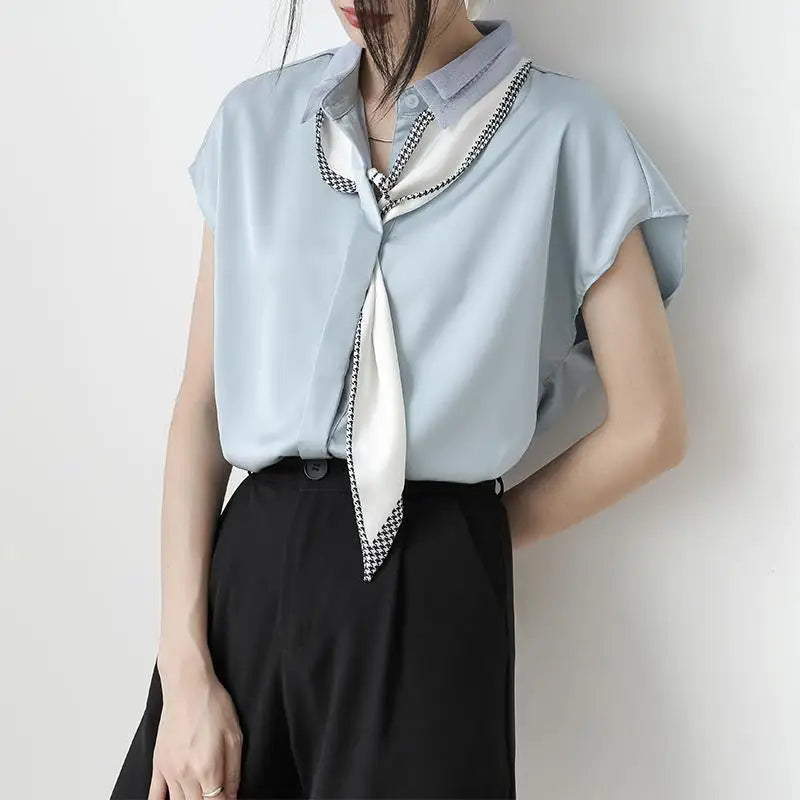 Summer  Office  Lacing Polo-Neck Short Sleeve Chiffon Shirts