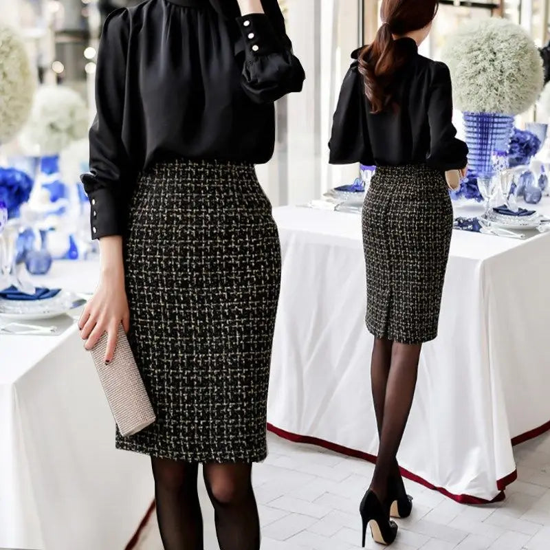 High Waist Slim Split  Knee-Length Plaid  Woolen Pencil Skirt