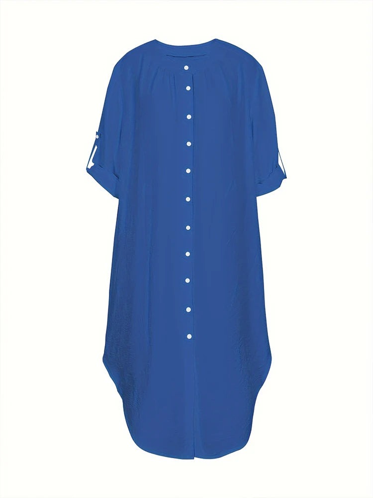 Plus Size Women's Single Row Buttons Dress Solid Color Casual Loose Long Dress Polyester Material