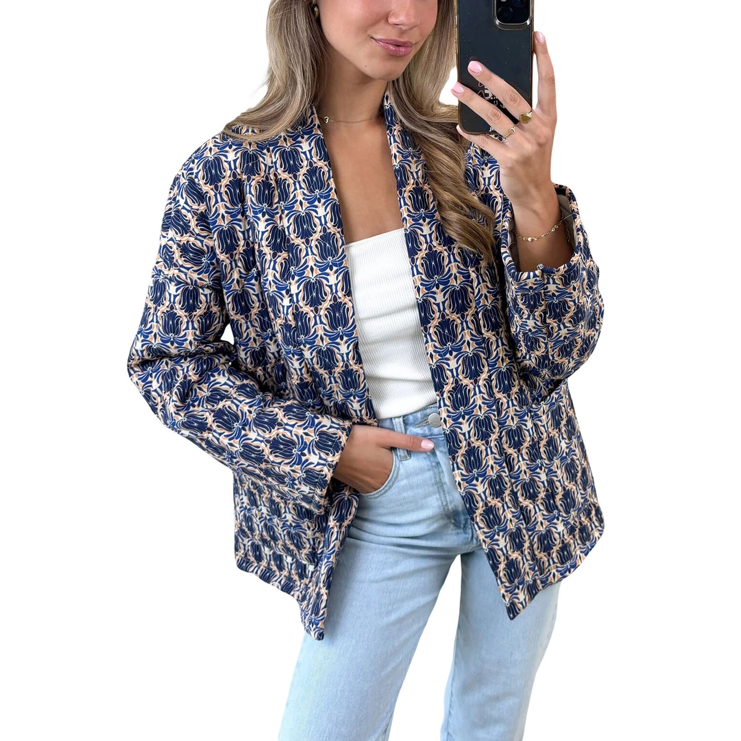 Ladies Retro Floral Print Hooded  Jacket Warm Winter Quilted Coat with Zipper Closure and Pockets