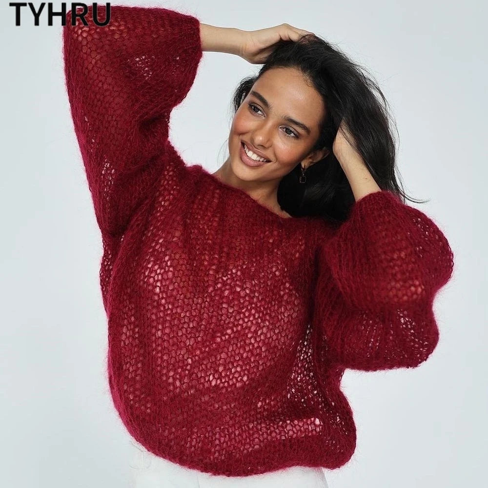 Women's Knitted Sweaters Lady Hollow out Mesh Thin Pullover See Through Look Lantern Sleeve Loose Tops Smock