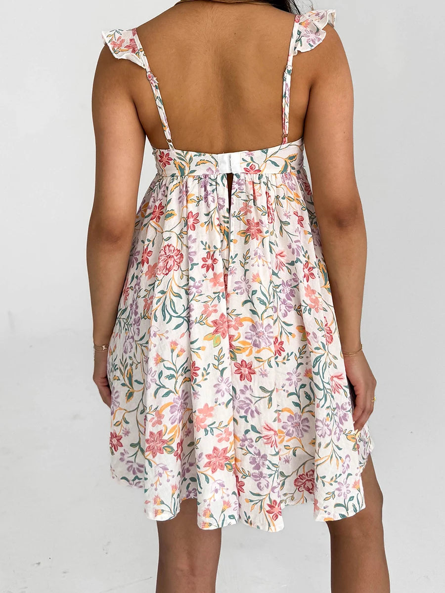Women V-Neck Dress Sleeveless Ruffle Floral Print Boho Beach Dress Summer Casual Dress with Pockets