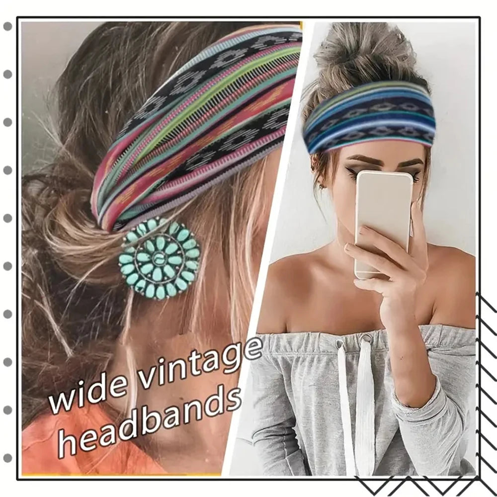 1 Pcs European American Women's Bohemian Style Elastic Headscarf Fashionable Breathable Cotton Wide Brimmed Hair Accessories