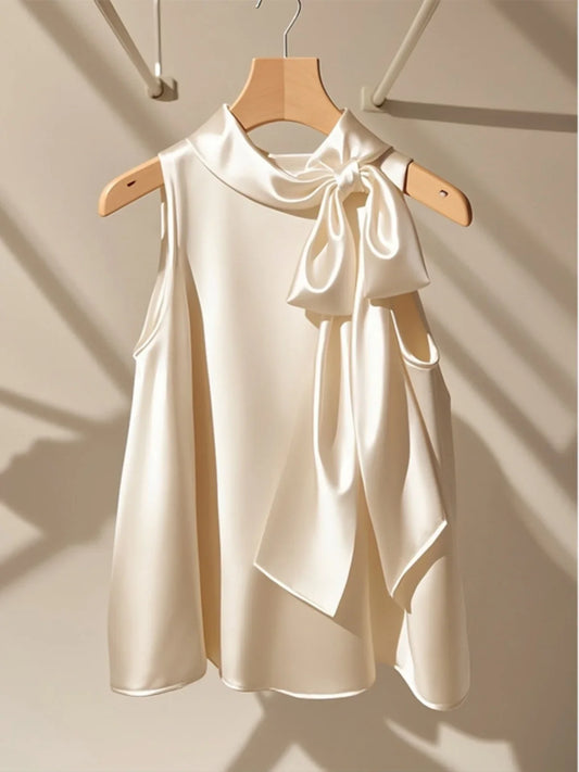 Chic Champagne White Satin Halter Neck Tank Top  French Bow Sleeveless