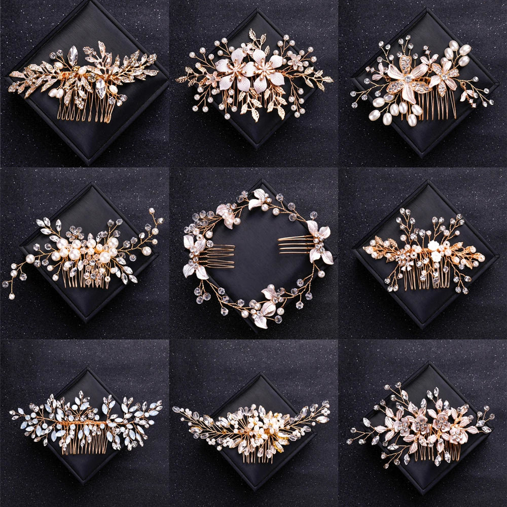 Gold Color Crystal Pearl Hair Comb Headband For Women Bride Party Bridal Wedding Hair Accessories Jewelry Comb Headband