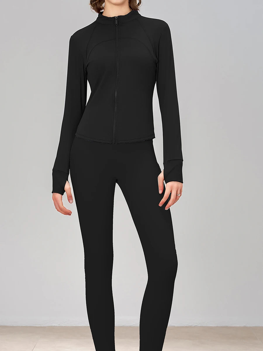 Full Zip Yoga Jacket with Solid Color Long Sleeves Stand Collar  Fit and Thumb Holes for Active Wear
