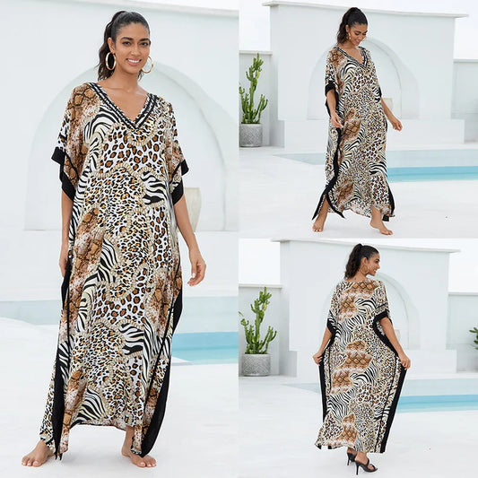 Leopard Print Women  Loose Fitting Long Robe Beach Vacation V-neck Sunscreen Clothing Kaftan