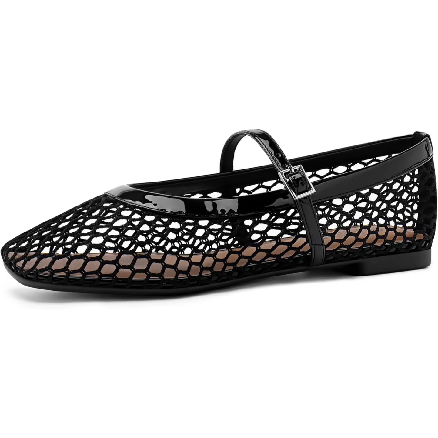 Mesh Ballet Flats for Women Comfortable Square Toe Ballerina Flats Buckle Strap Casual Fishnet Flat Shoes