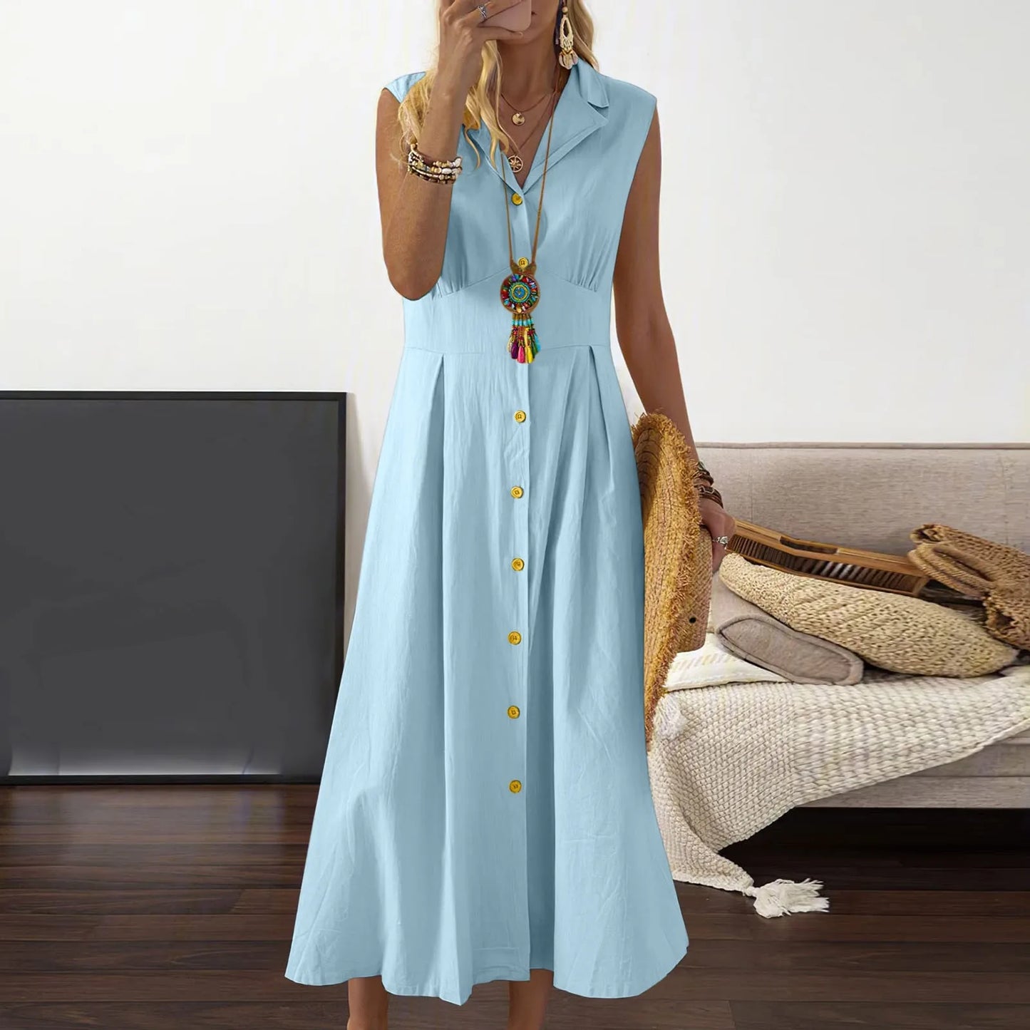 Casual Loose Sleeveless Shirt Dress Solid Color Button Cotton Linen Blend Dress Elegant Vacation Holiday Dresses