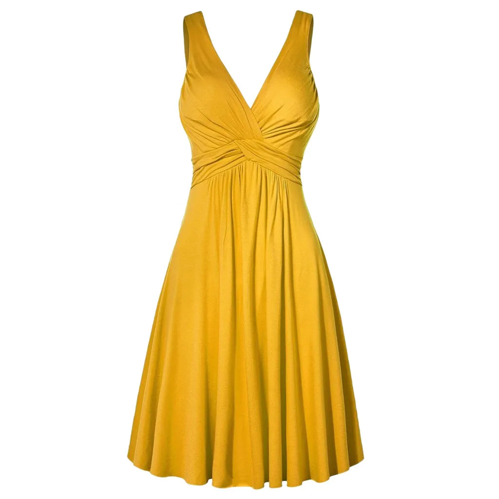 Women Solid Color Deep V-Neck Lady Retro Backless Sling Pleated Dress Wide Band Strap Flare Skirt