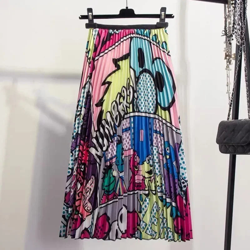 Cartoon Print Pleated  Long Skirt High Waist A-Line