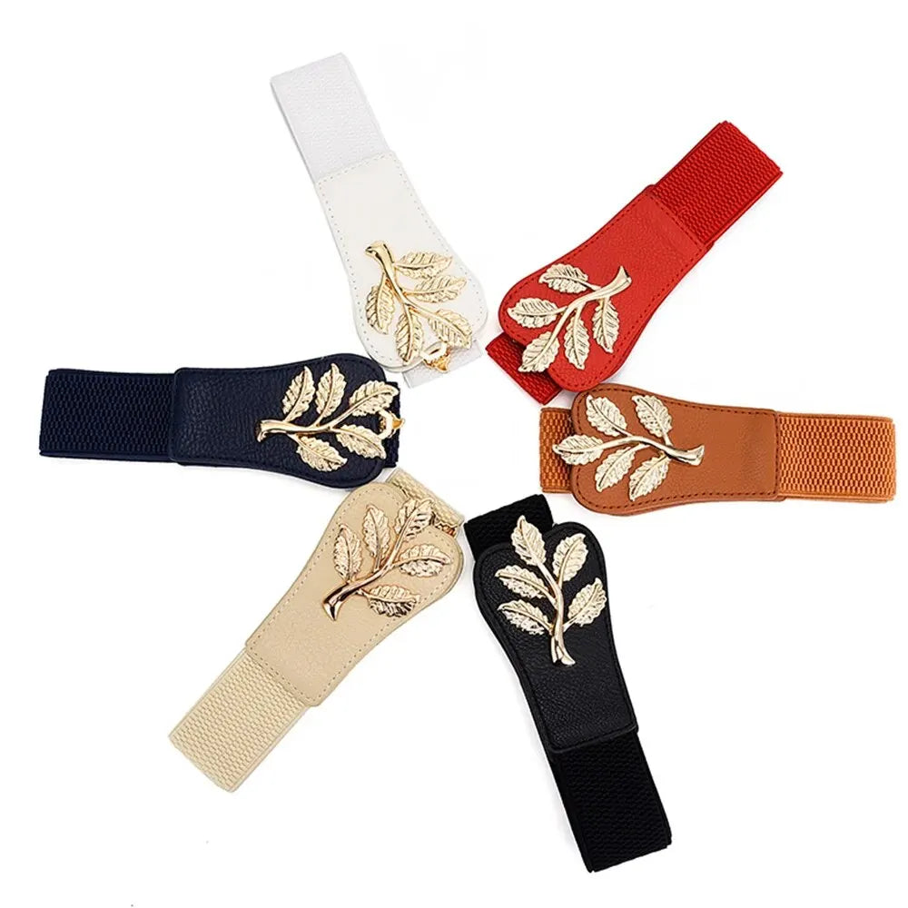Women's Belt Fashion Waist Cover Golden Leaf Elastic Waist Closure With Double Hook Buckle Wide Belts Paired With Skirt