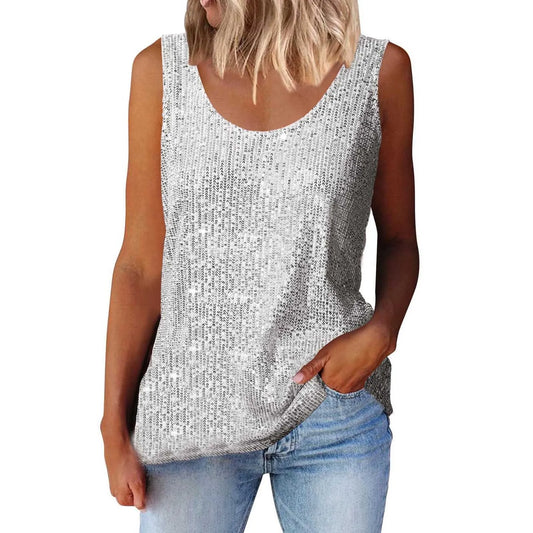 Sequin Women Summer Tank Top Fashion Round Neck Sleeveless Tanks Tops Women Blouses