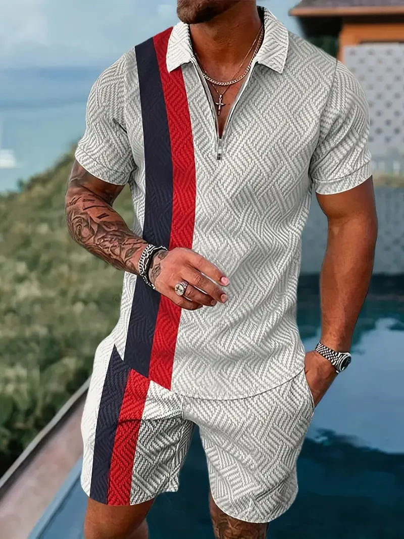 Zipper POLO Shirt Shorts Set Summer Fashion Casual Men's Sports Set 3D Printed Simple Style Lapel Zipper POLO Shirt 2 Sets