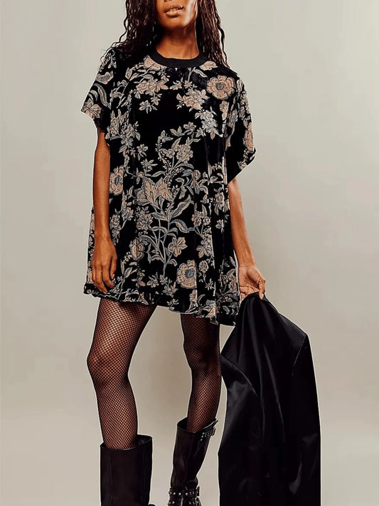 Velvet Mini Dress V-Neck short Sleeve Floral Print
