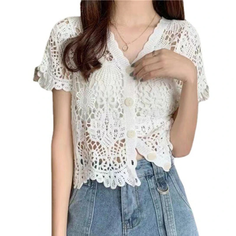 Women French Style Short Sleeve Lace Hollow Out Crochet Knit   V-Neck Button Down Sheer Crop