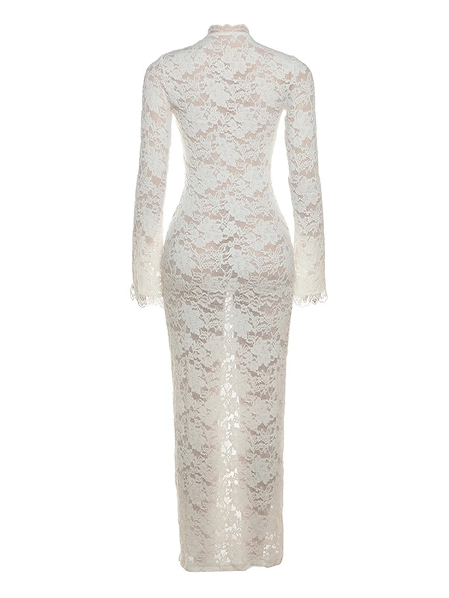 Maxi Dress with Long Sleeves Plunging V-Neckline and Floral Lace Detailing