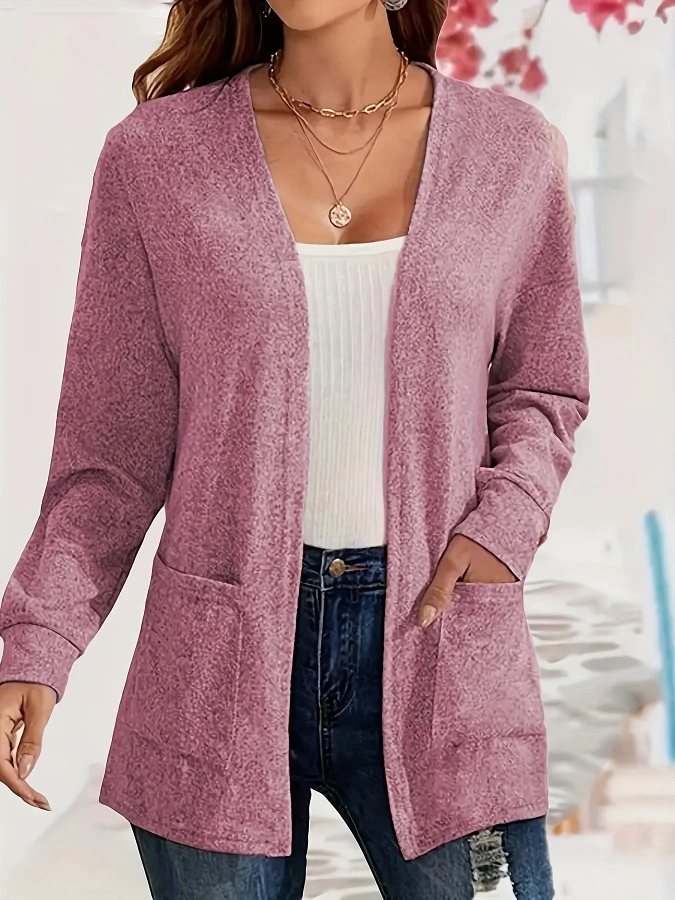 European and American foreign trade thin fashion solid color pocket thin knitted women's buttonless cardigan