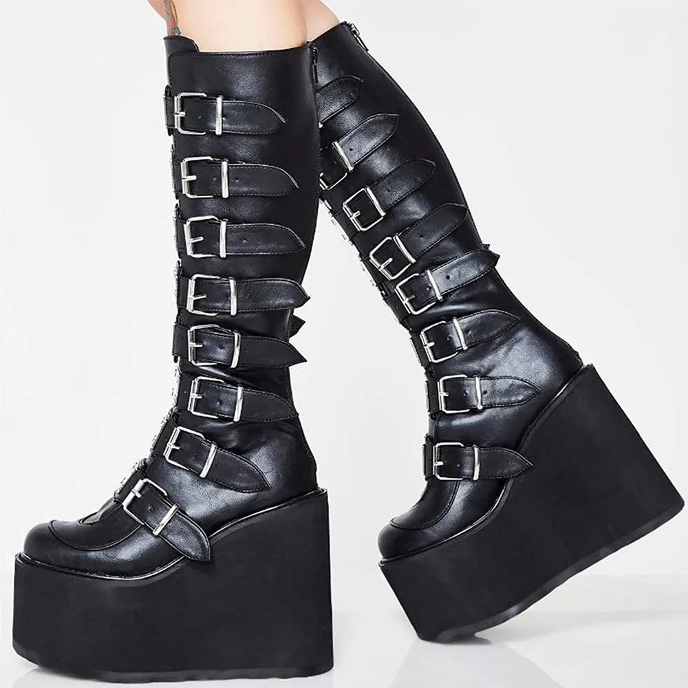 Punk Motorcycle Boots Platform High Wedges Heel Zipper Metal Buckle Mid-Calf Boots Goth