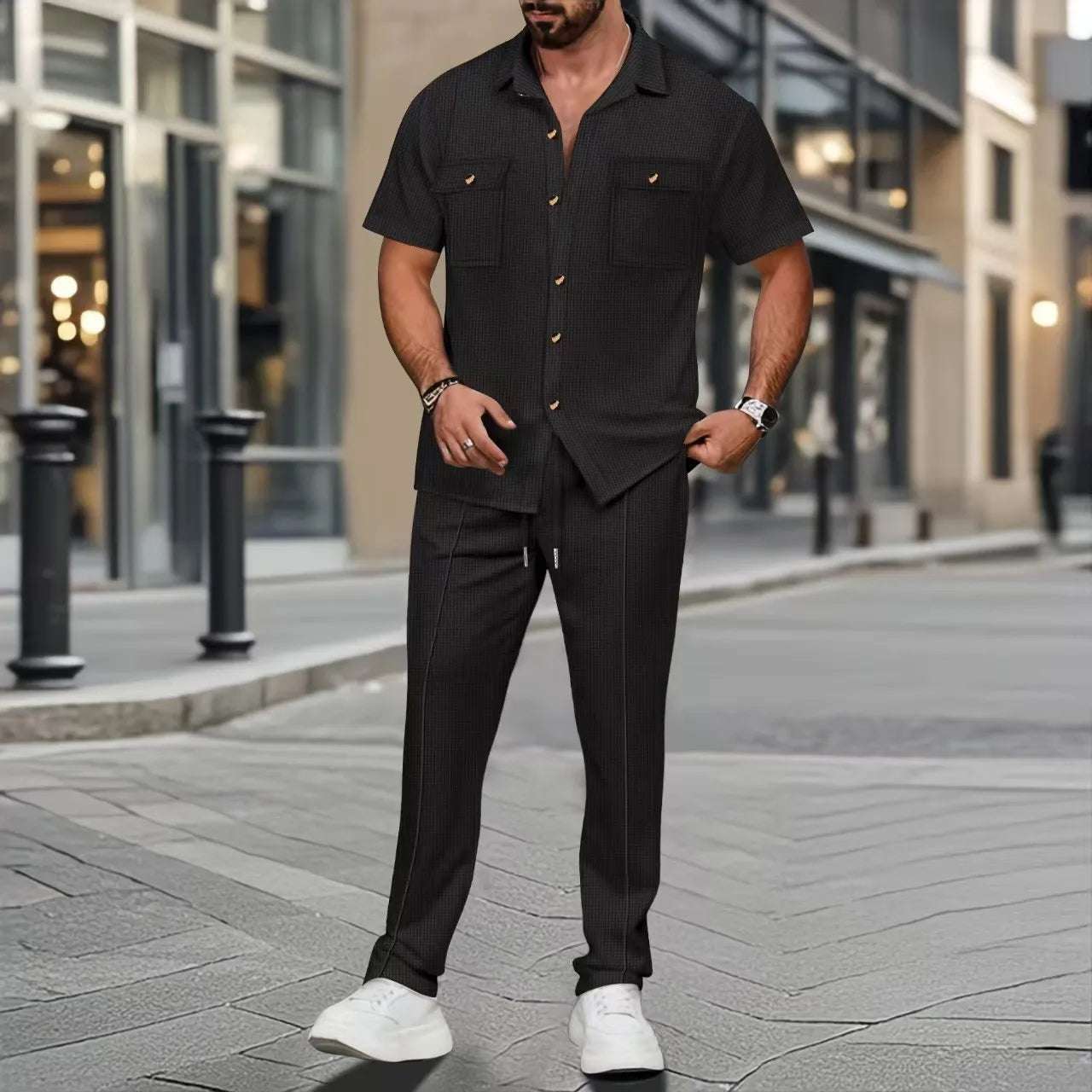 cross-border men's summer new solid color button-up pocket shirt short-sleeved trousers two-piece set