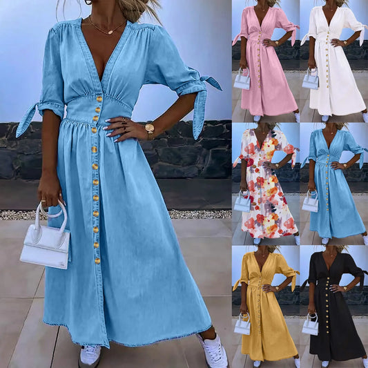 Spring Autumn Chic Bowknot Lace Up Short Sleeve Daily Beach Dresses Fashion Elegant Imitation Denim Shirt Dress for Women