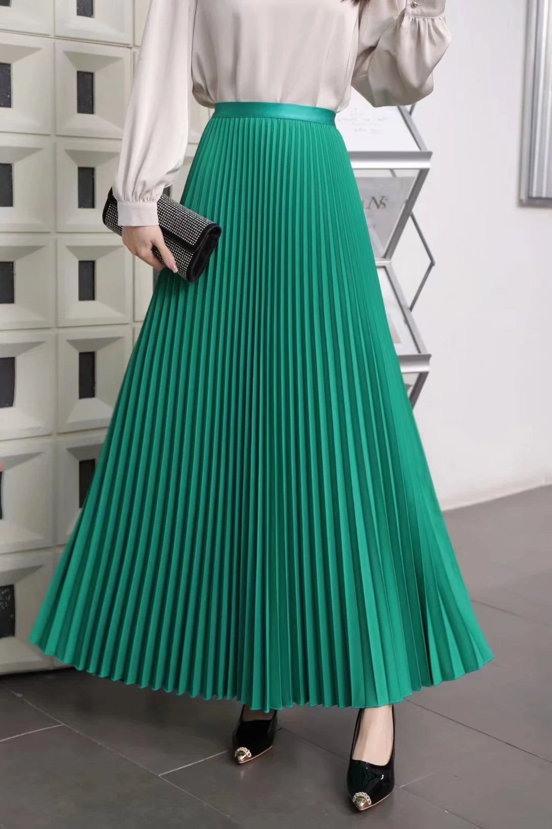 Elegant Pleated Skirt High Waist Women's Long Skirt Ladies High Quality Midi Skirt