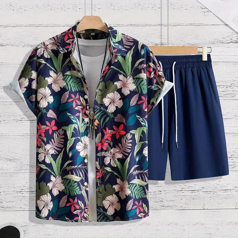 Fun 3D Flower Pattern Men's Hawaiian Shirt Sets Summer Short Sleeve Tops Beach Shorts 2 Piece Casual Vacation Outfit Clothing