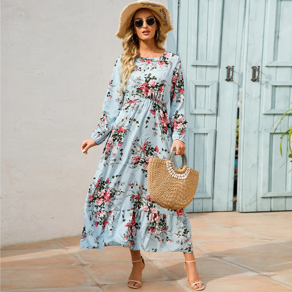 Bohemian Women's Maxi Dress Casual Long Sleeve High Waist Beach Woman Chiffon Dresses Floral