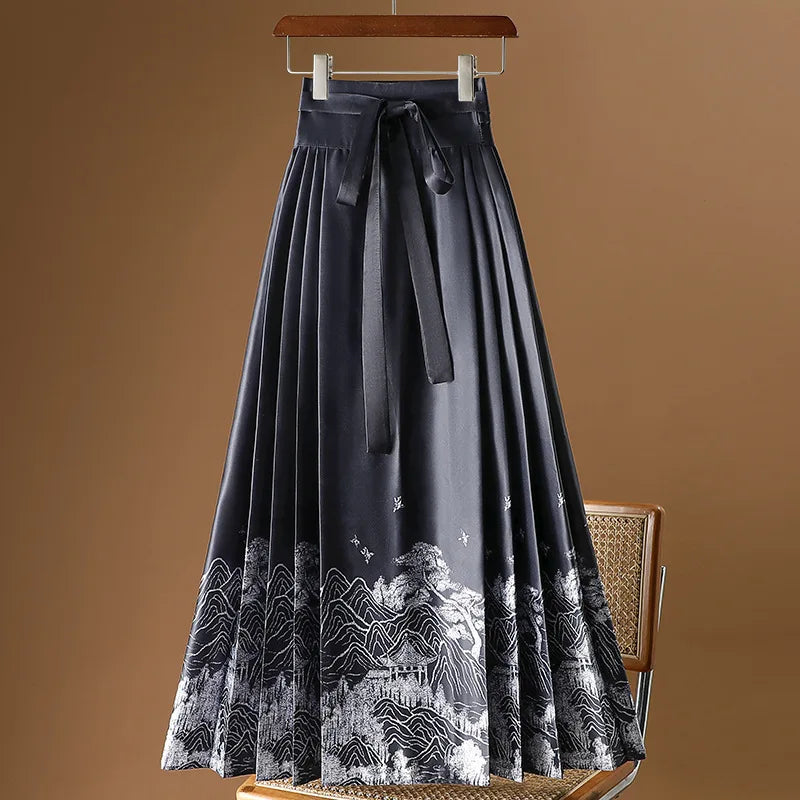 Vintage Maxi Chinese Style Horse Face Skirts  Pleated