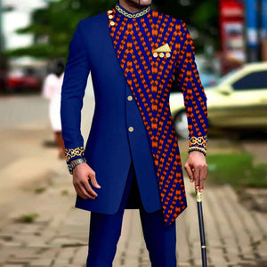 African Style Suits for Men Embroidery Print Blazer and Pants Set Business Dress Suit with Kerchief Party Wedding Evening