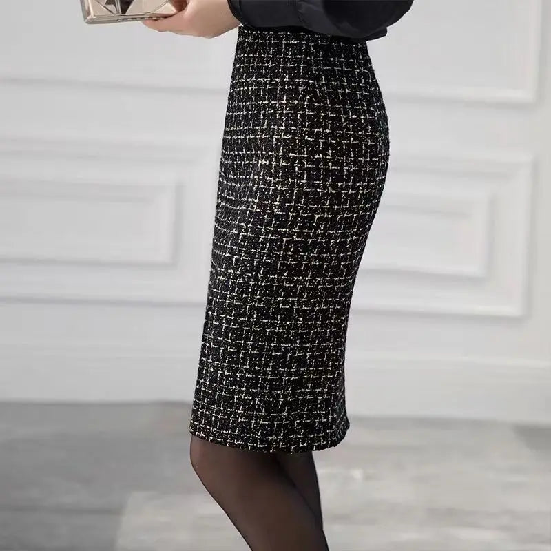 High Waist Slim Split  Knee-Length Plaid  Woolen Pencil Skirt