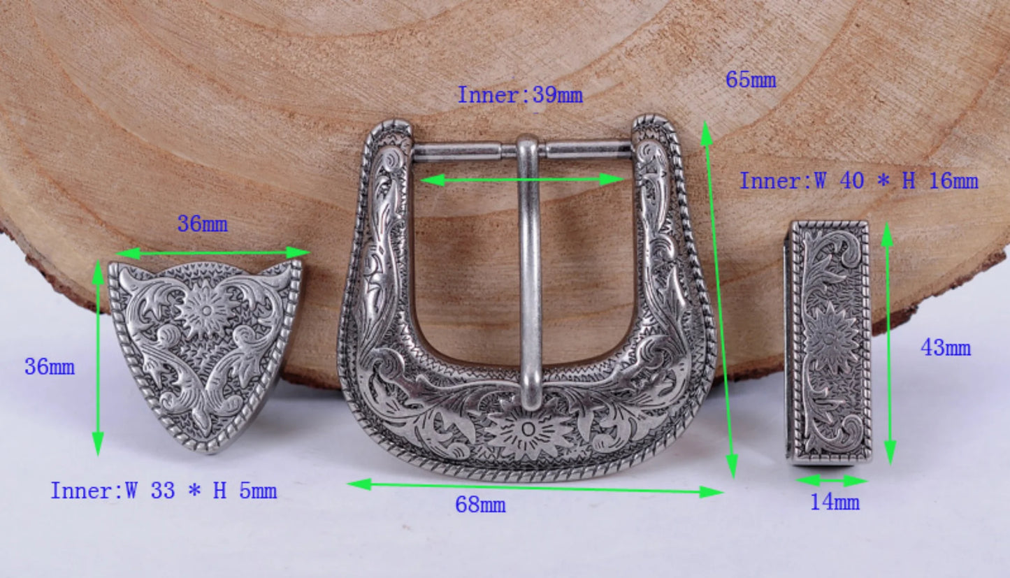 HEAVY DUTY COWBOY WESTERN FLORAL ENGRAVED ANTIQUE SILVER BELT BUCKLE SET 1-1/2"