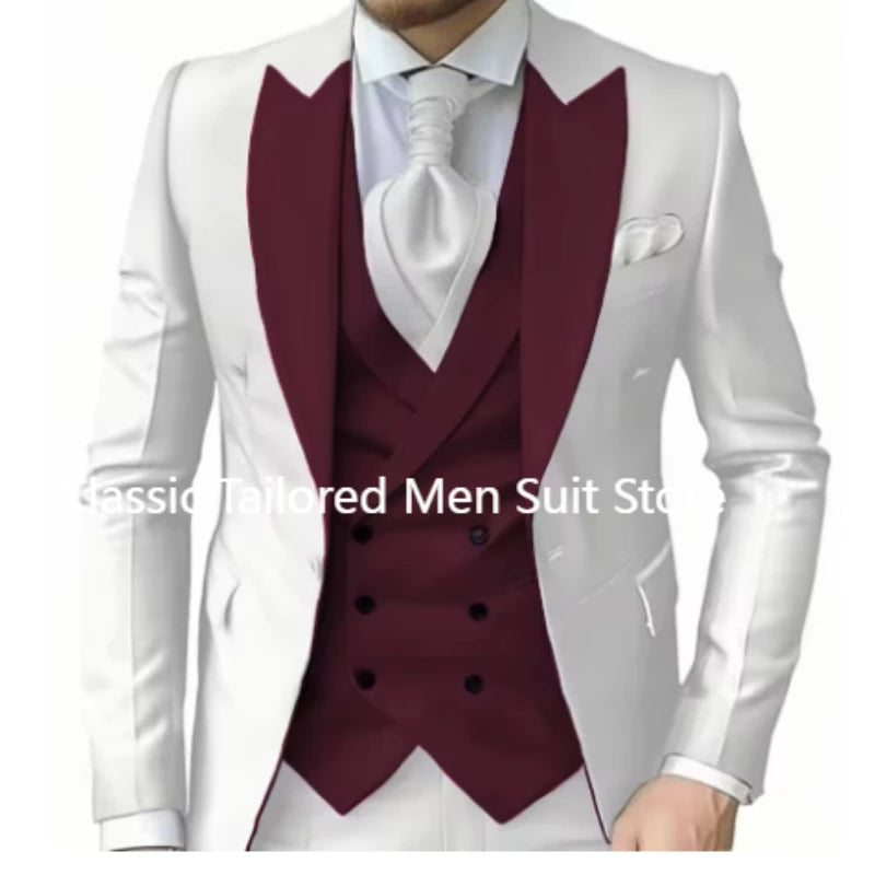 Elegant Wedding 3 Piece Jacket Pants Vest Full Set Luxury Single Breasted Peak Lapel  Male Clothing Men's Suits Blazer