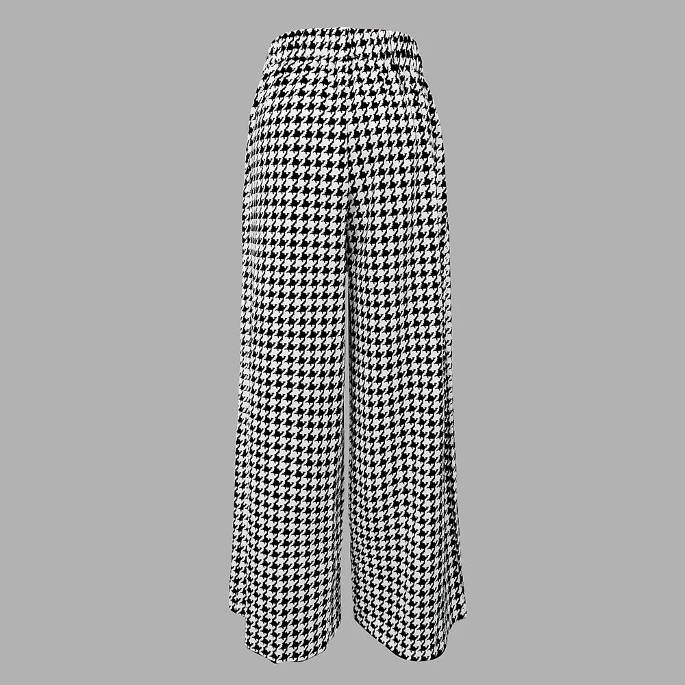 Trendy Clothing  Houndstooth Long Pants High Waisted Loose Wide Leg Woman Plaid Trousers