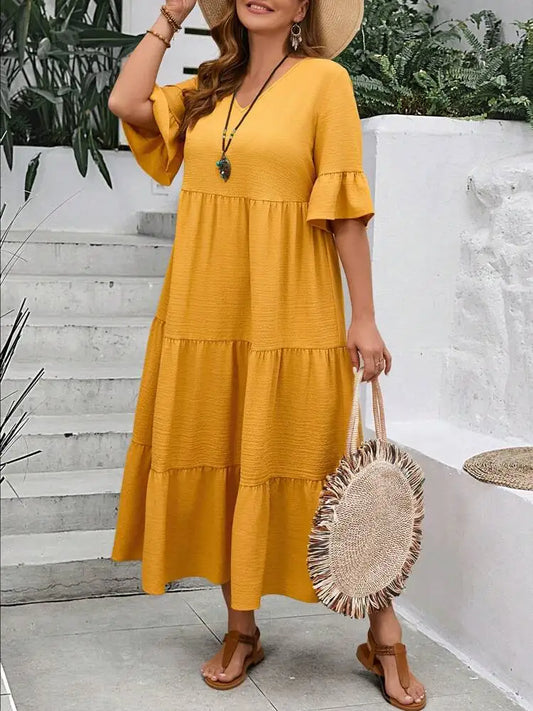 Spring and Summer  Large V-neck Splicing Multi color Multi plus size Long Style Large Swing Dress