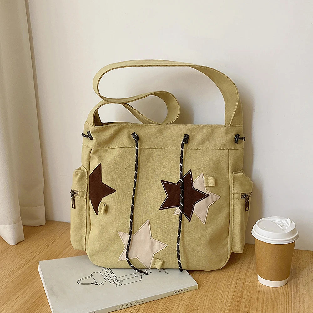 Women Casual Satchel Bag Large Capacity Canvas Star Applique  Street Style School Bag for Teens Students