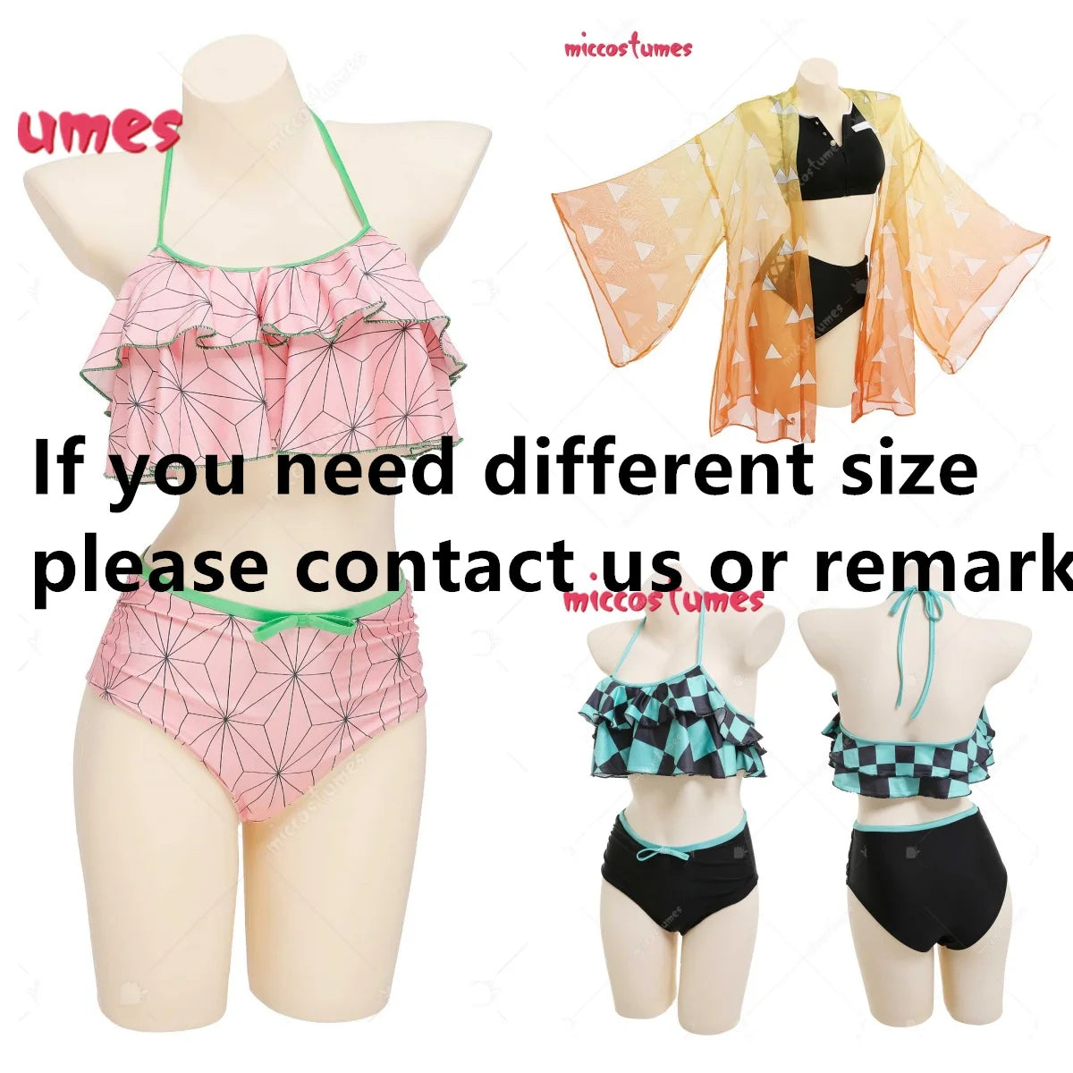Two Piece  Swimsuit V Neck High Waist Lace Up Bathing Suit Swimwear Kimono Cover Up