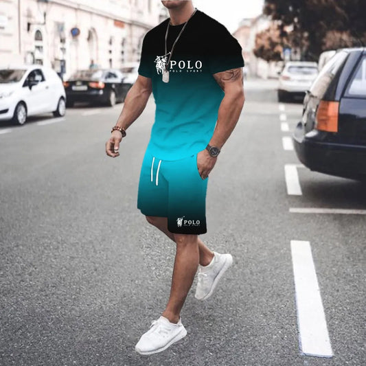 Trendy and fashionable street style 3D men's gradient letter print pattern suit T-shirt casual T-shirt shorts two-piece set